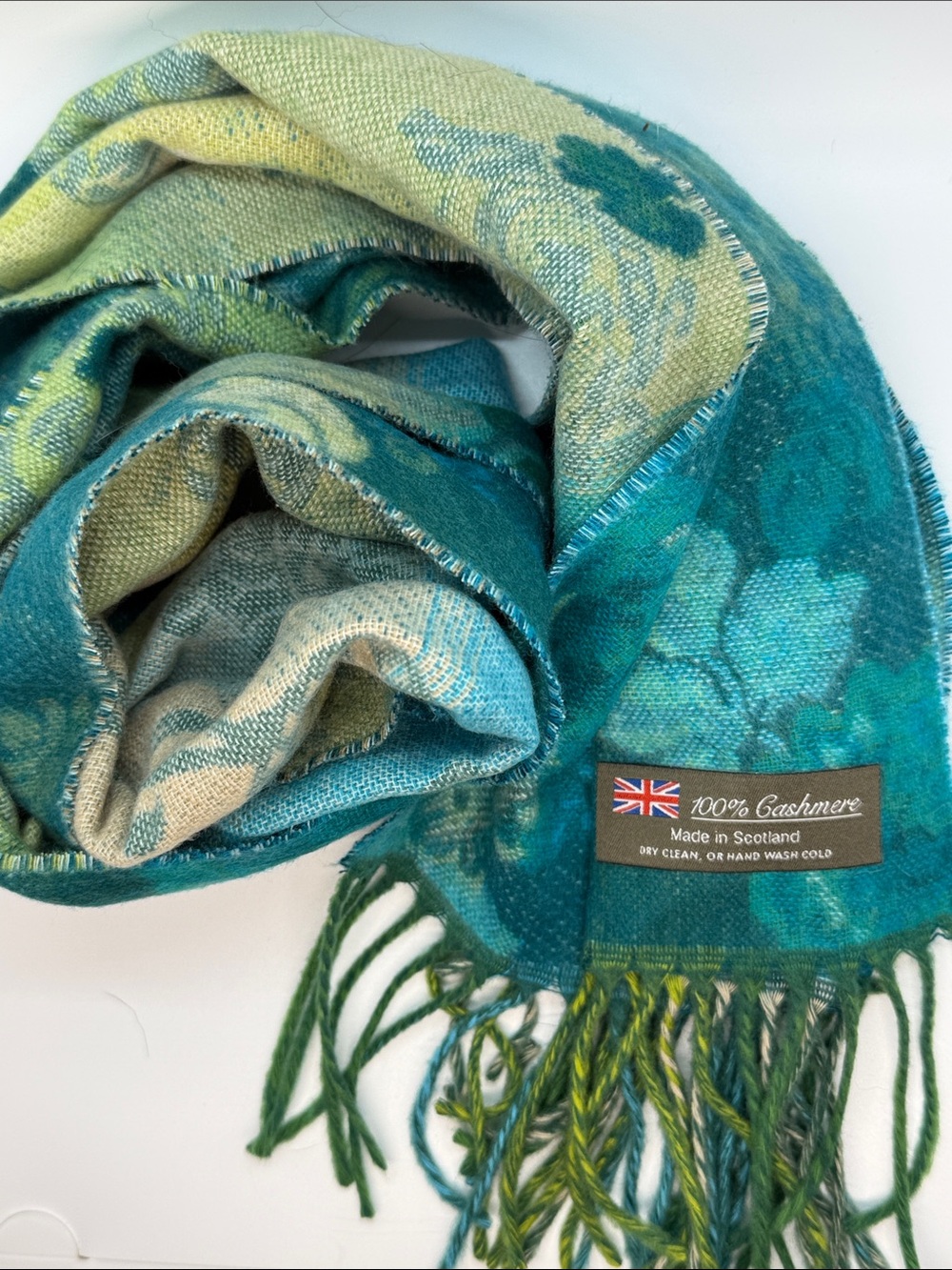 100% Cashmere Scarf Made in Scotland Teal Floral Reversible Fringe Wrap